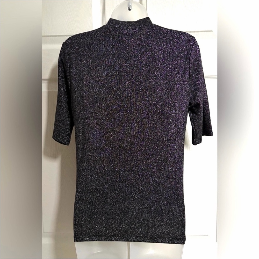 Skinnygirl Top Knit Metalic Mock Neck Short Sleeve Black Silver size Medium - Picture 4 of 11